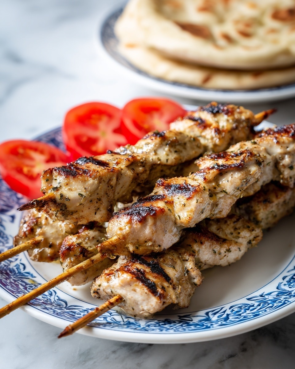 The image shows three skewers of grilled meat pieces stacked on a white plate with a blue patterned design. The meat is light brown with some darker grill marks and visible spices coating the surface. Behind the meat, there are two slices of red tomato adding a fresh color contrast. In the background, out of focus, there is a stack of flatbread with a soft golden color. The setting is on a white marbled surface. photo taken with an iphone --ar 4:5 --v 7