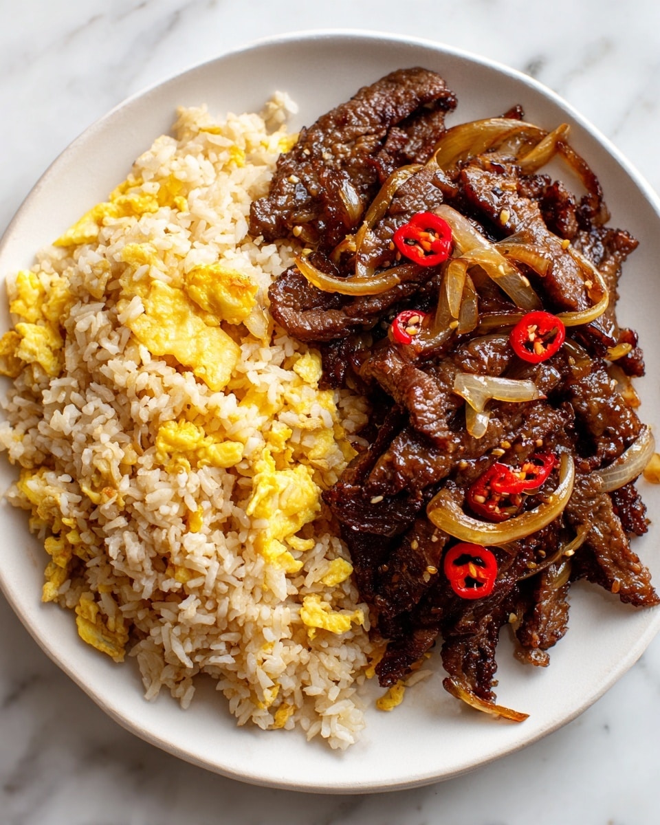 A close-up view of a white plate with two layers: the left side is covered with light brown fried rice mixed with small yellow scrambled egg pieces, showing a fluffy and grainy texture. The right side has glossy dark brown cooked strips of meat with thin, translucent caramelized onion slices and small red chili slices scattered on top, creating a rich, shiny, and slightly thick sauce look. The plate is set on a white marbled surface. photo taken with an iphone --ar 4:5 --v 7