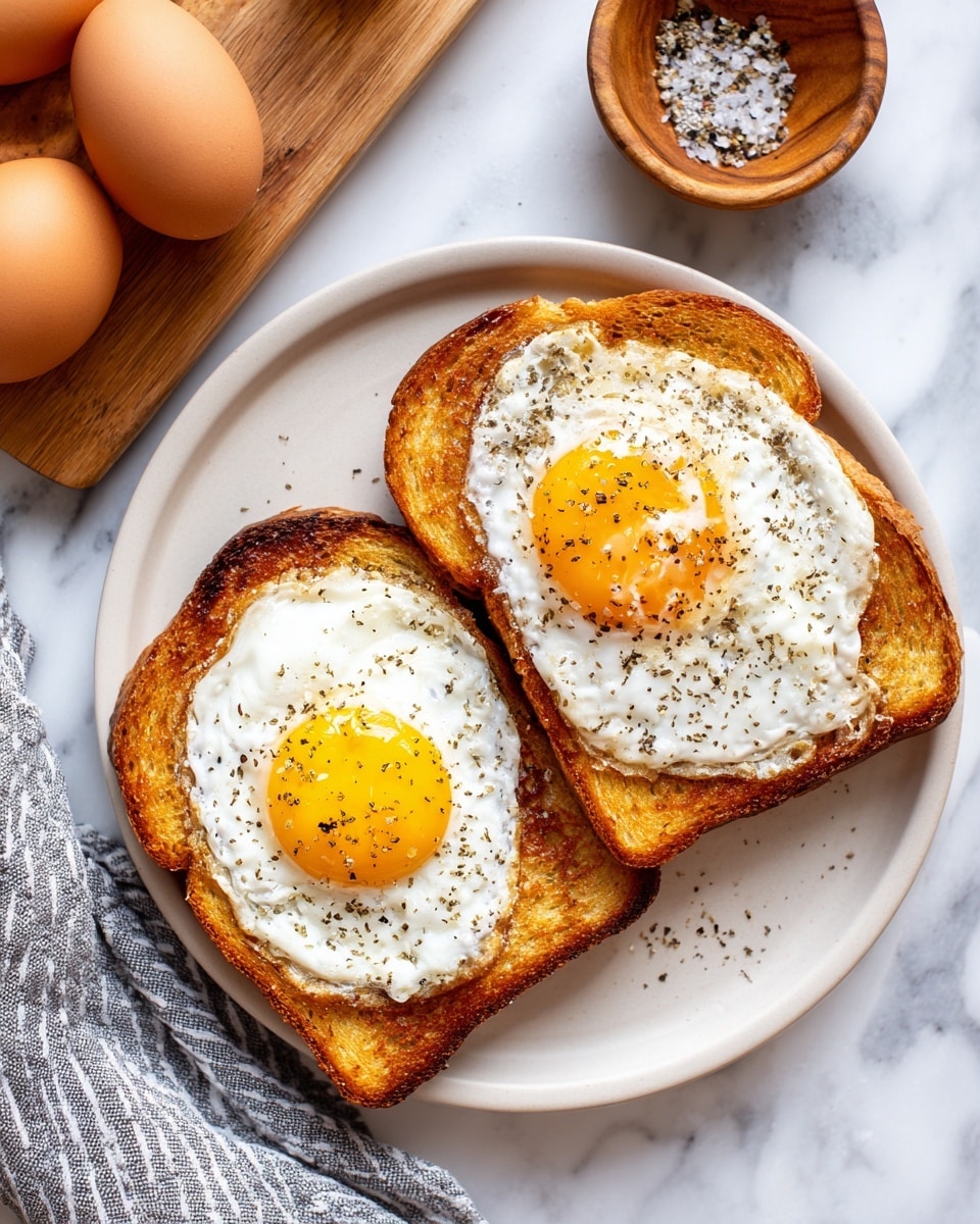 Two slices of toasted golden brown bread lie flat on a white round plate. Each slice has a fried egg on top, with white, slightly crispy edges and the yolks faintly visible, sprinkled lightly with black pepper. The plate is placed on a white marbled surface, with a wooden board holding two whole eggs on the upper left, a small wooden bowl filled with pepper on the right side, and a folded gray and white striped cloth partly visible at the bottom left. photo taken with an iphone --ar 4:5 --v 7