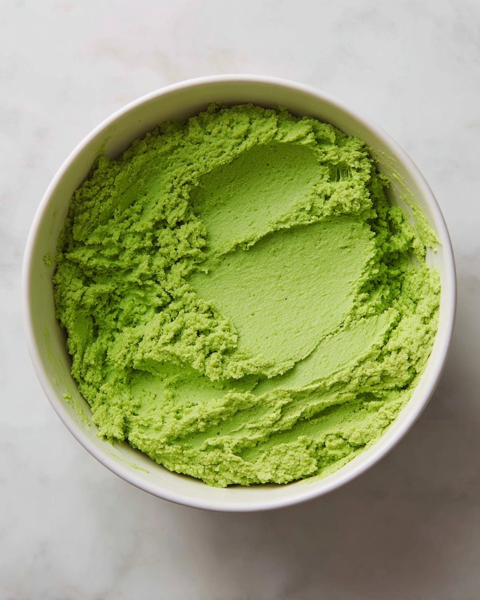 A white bowl filled with a single thick layer of bright green dough that has a rough, slightly crumbly texture. The dough sits evenly at the bottom and clings slightly to the sides of the bowl with a few uneven patches and finger marks visible on its surface. The bowl is placed on a white marbled surface with soft natural light highlighting the vibrant color of the dough. photo taken with an iphone --ar 4:5 --v 7