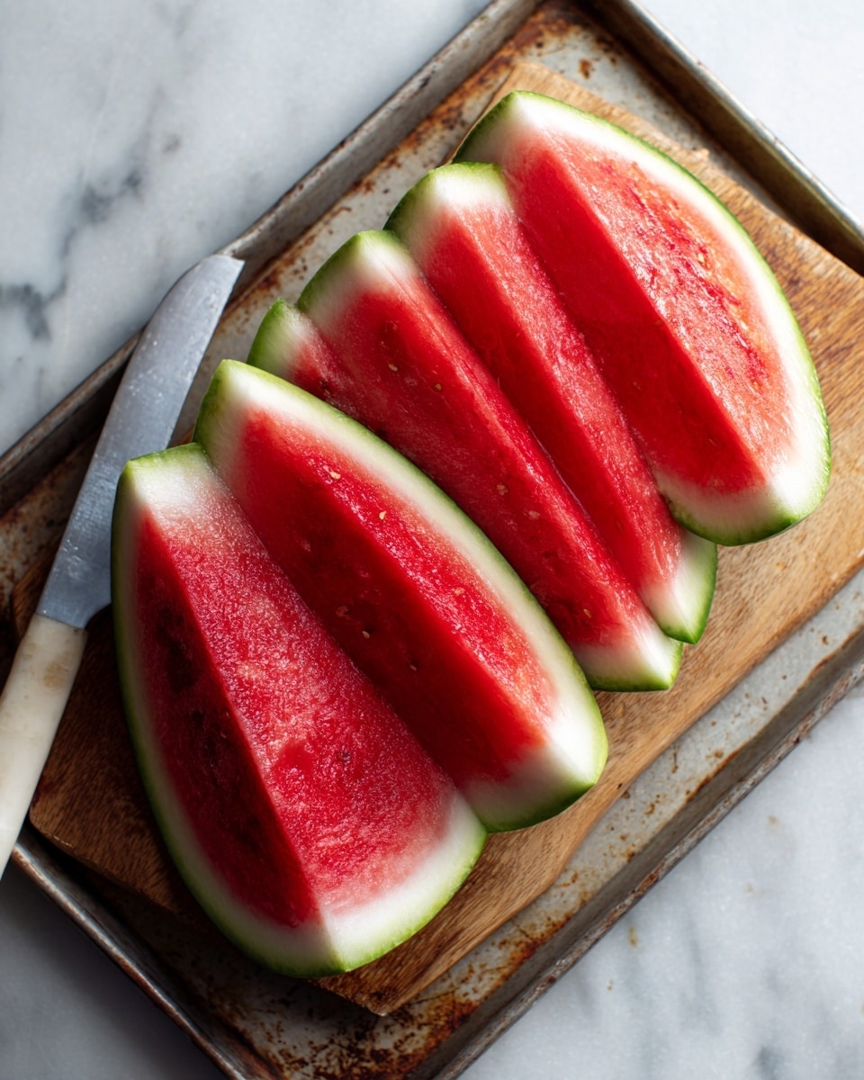 Several thick slices of watermelon are arranged in a row on a small wooden cutting board, showing layers of deep red flesh blending into a white rind and then a green-striped outer skin. The wood board with the watermelon rests inside a metal baking tray that has a worn, rusty texture, all set on a white marbled surface. A large knife with a white handle lies on the bottom left corner of the tray. photo taken with an iphone --ar 4:5 --v 7