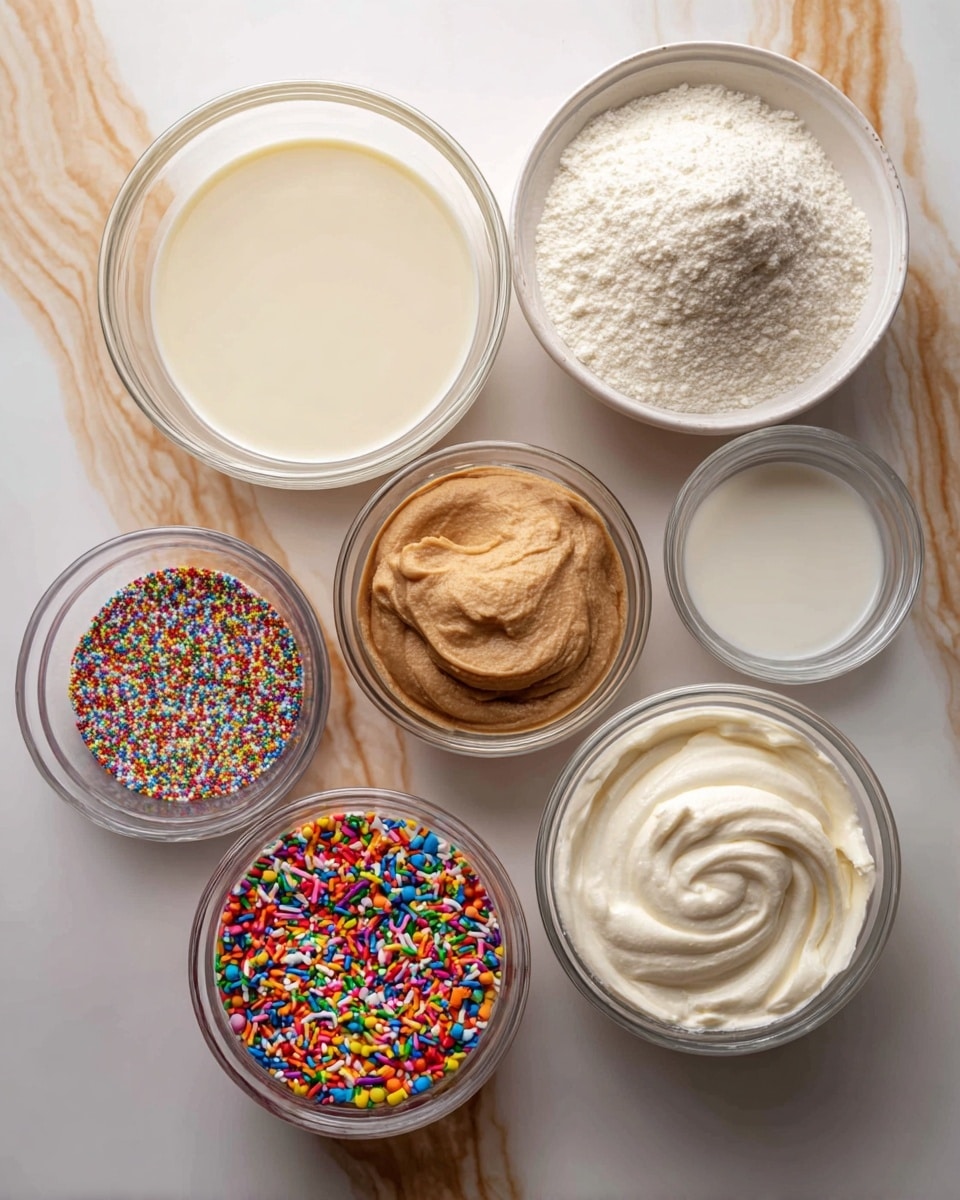 The image shows seven small bowls arranged close together on a surface with a wooden pattern. Starting from the top, there is a clear glass bowl filled with a creamy white liquid. Below it, a white bowl holds a light powdery substance. To its right is a white bowl with a smooth tan spread. To the left side there are two small white bowls with a clear liquid inside. Below those, a white bowl is filled with colorful rainbow sprinkles made of small cylindrical pieces. At the bottom right, there is a clear glass bowl with a thick, white creamy substance inside. The bowls are placed on a white marbled surface. photo taken with an iphone --ar 4:5 --v 7