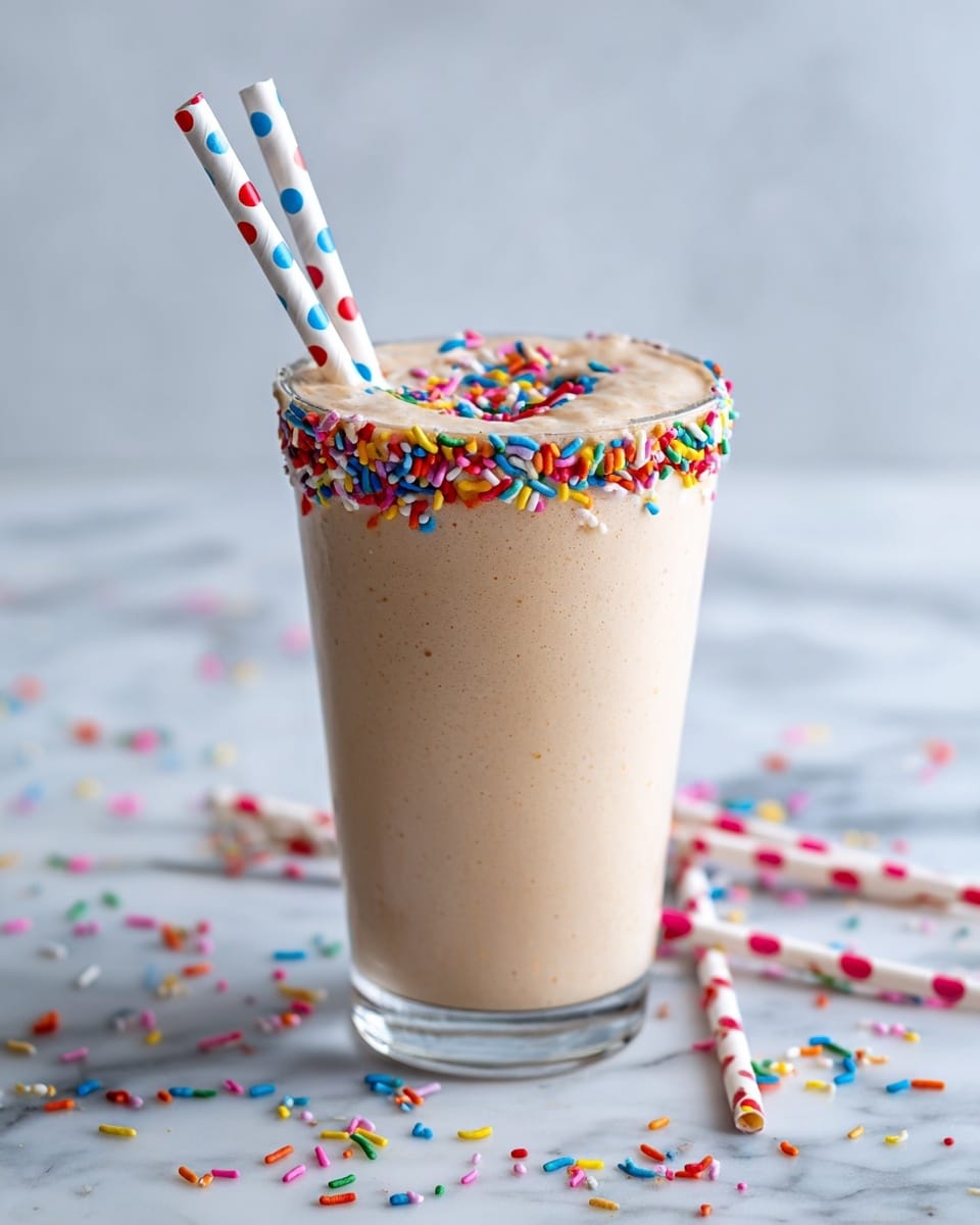 A tall clear glass filled with a smooth, light beige milkshake stands on a white marbled surface. The rim of the glass is covered with small, round, colorful sprinkles that add a festive touch. More sprinkles are scattered on top of the milkshake, centered around a white paper straw with red and blue polka dots. Several white paper straws with multi-colored dots lay scattered on the marbled surface around the glass. The background is simple and clean, letting the milkshake and sprinkles stand out clearly photo taken with an iphone --ar 4:5 --v 7