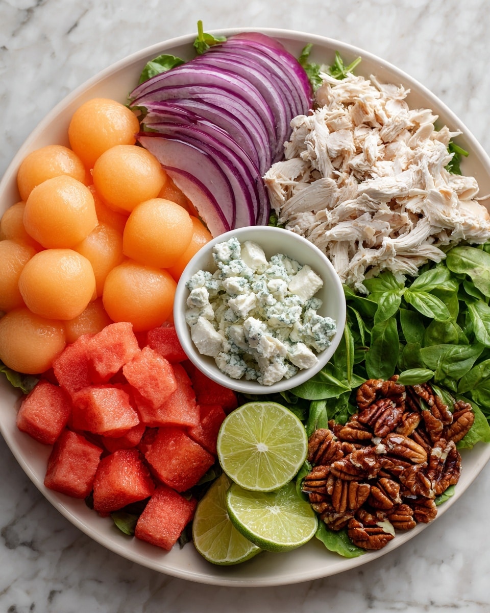 The dish is a colorful salad arranged on a white plate placed on a white marbled surface. At the center, there are round scoops of orange cantaloupe and red watermelon, creating a bright and juicy base. On the top left, a large purple-red onion round slice is visible, while on the top right, shredded white chicken pieces add a light, textured layer. To the right side, fresh green basil leaves form a leafy layer next to two halves of a green lime placed above a small white bowl filled with white and blue-veined cheese cubes. At the bottom, brown candied pecans bring a crunchy texture to the colorful mix. The photo taken with an iphone --ar 4:5 --v 7