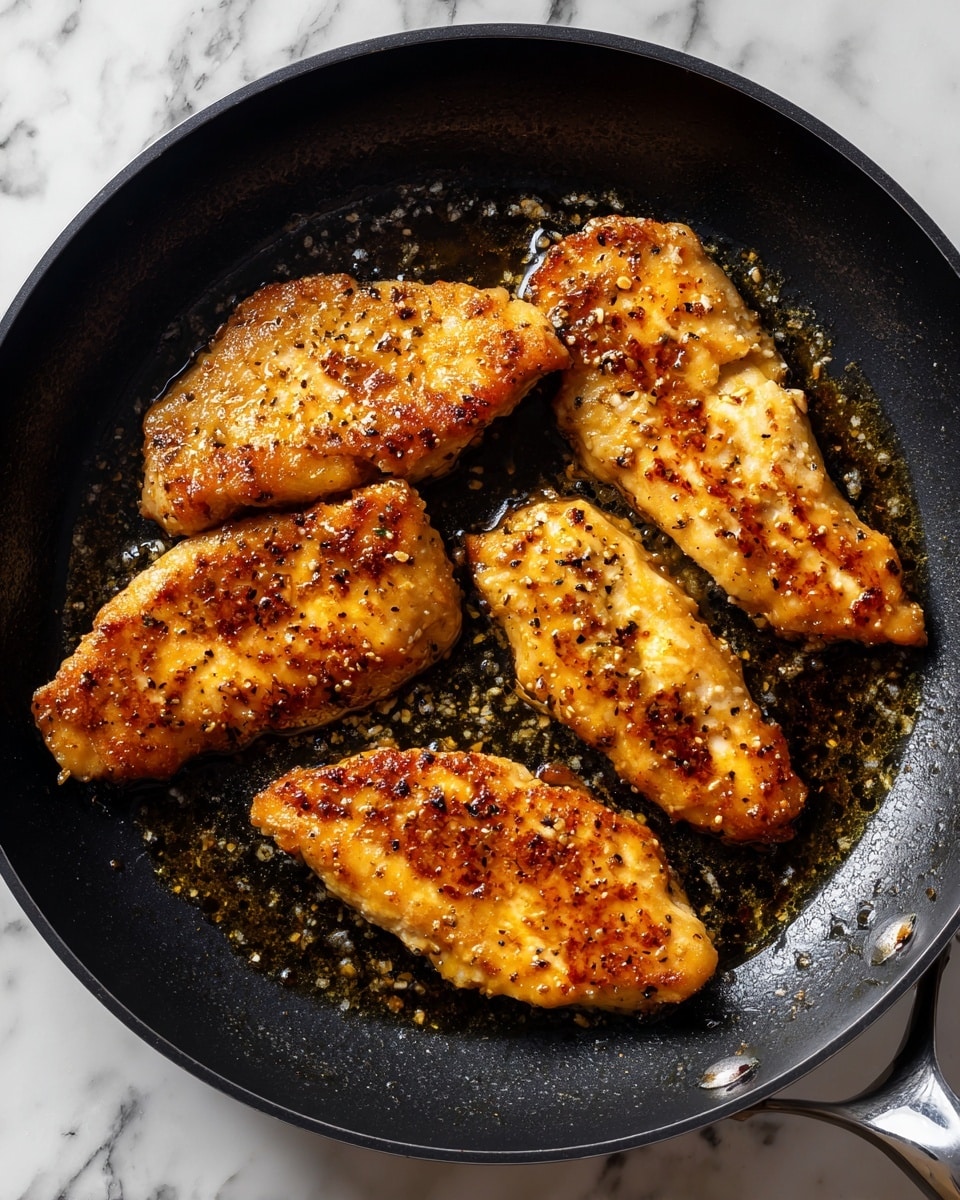 The image shows four uneven pieces of cooked chicken with a golden brown color, sizzling in a black pan with oil shining around them. The chicken pieces have a slightly rough texture with some white and light brown spots and are arranged loosely in the pan. The background is a white marbled texture. Photo taken with an iphone --ar 4:5 --v 7