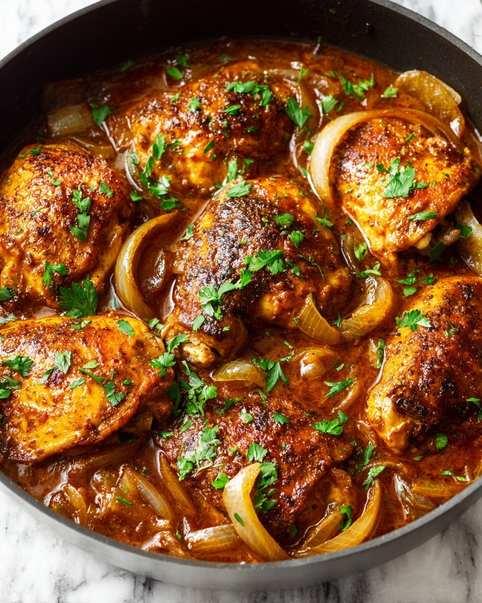 A close-up view inside a dark cooking pan filled with a stew featuring several pieces of golden brown chicken on top, surrounded by layers of soft, translucent cooked onion slices mixed in a thick, rich, reddish-brown sauce. Small green parsley leaves are scattered on the chicken and sauce for color contrast. The food looks juicy and tender, with a slightly oily shine on the chicken skin. The image is set against a white marbled textured surface. photo taken with an iphone --ar 4:5 --v 7