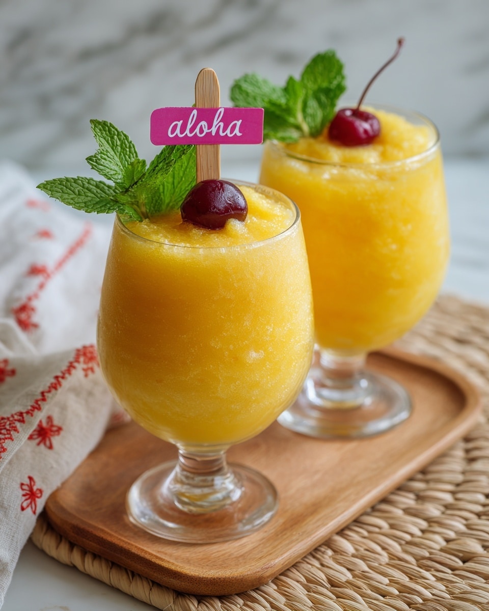 Two clear glass goblets hold a bright yellow-orange slushy drink with a smooth, slightly bubbly texture on top. Each drink is decorated with a fresh green mint sprig near the edge; one glass has a dark red cherry on a small wooden skewer resting across the rim, and a pink plastic stick with the word