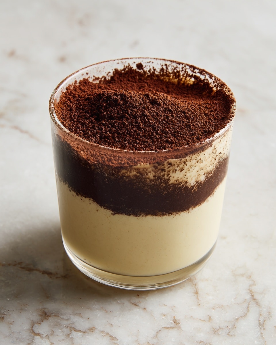 A transparent cup shows two clear layers of food: the bottom layer is thick and creamy in light beige, smooth and firm, while the top layer is covered with a rich, dark brown powder, dry and slightly uneven in texture. The cup is placed on a white marbled surface with soft lighting, emphasizing the contrast between the light bottom layer and the dark cocoa powder on top. Photo taken with an iphone --ar 4:5 --v 7