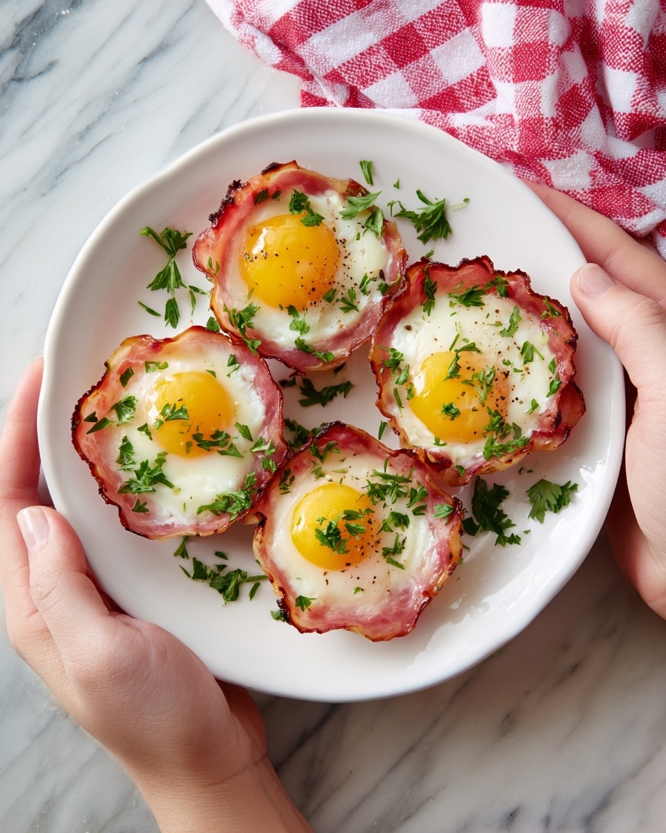 A white round plate holds four egg cups made from pinkish-red ham slices formed into small cups. Each cup has one cooked egg inside with bright yellow yolks in the center surrounded by white egg whites. The tops of the eggs have small brown grill marks and are sprinkled with chopped fresh green parsley. Two woman's hands are holding the plate on each side. The plate is placed on a white marbled surface with a red and white checkered cloth in the top right corner photo taken with an iphone --ar 4:5 --v 7