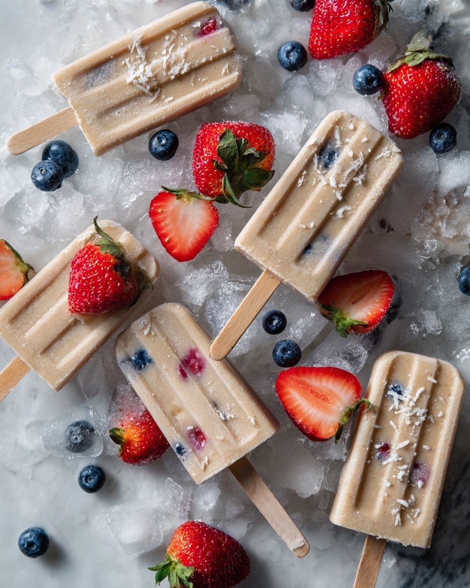 The image shows several light brown popsicles with wooden sticks on a bed of crushed ice with a white marbled texture. Each popsicle has a smooth texture with some small bits of fruit inside, mostly blueberries and shredded coconut flakes on some edges. There are fresh red strawberries and scattered blueberries around and on top of the popsicles, adding bright red and blue colors. One popsicle has a whole strawberry attached at the top. The scene is bright and fresh, highlighting the cool and fruity nature of the popsicles. Photo taken with an iphone --ar 4:5 --v 7