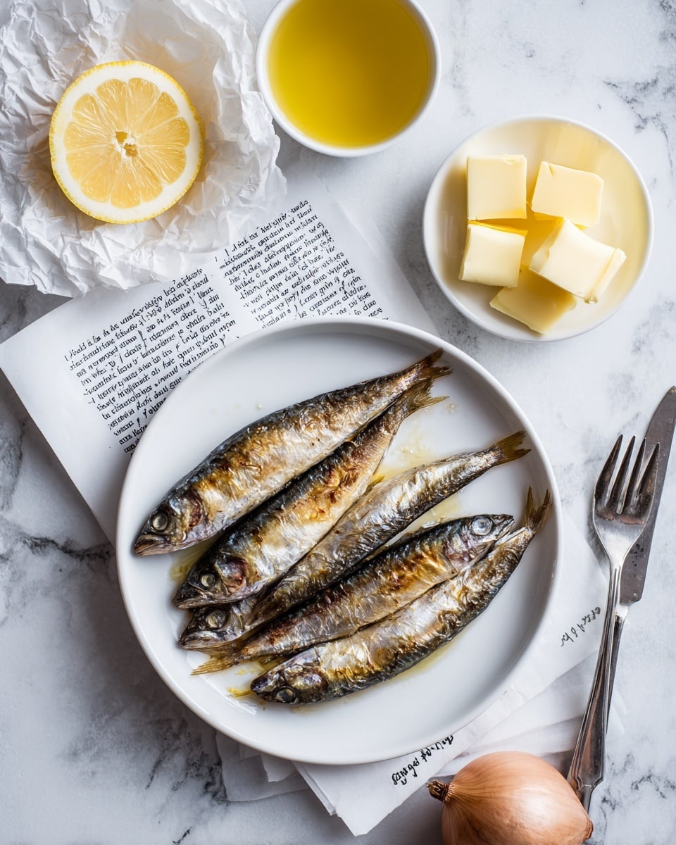 A white plate with four small cooked fish placed in the center, showing a mix of brown and silver colors with slightly rough textures. Above the plate, a small white bowl holds a golden yellow liquid. To the left, half a lemon with light yellow pulp rests on crumpled white paper with black text. Below and slightly left, another small white bowl contains three pieces of bright yellow butter. On the right side of the plate, there is a whole small brown onion and a silver fork laying on the white marbled surface. photo taken with an iphone --ar 4:5 --v 7