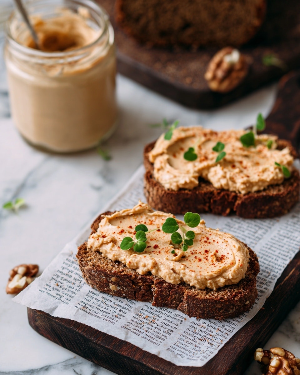 Two pieces of dark brown bread with a coarse texture are spread thickly with a light brown creamy mixture on top. The spread looks slightly chunky and is sprinkled with small bits of seasoning, possibly paprika. Each piece of bread is garnished with a few tiny bright green leaves placed toward the center. They rest on white paper printed with black text, which lies on a dark wooden board. In the background, part of a glass jar filled with the same creamy spread and a loaf of bread with visible nuts are visible. The surface beneath the wooden board has a white marbled texture. photo taken with an iphone --ar 4:5 --v 7