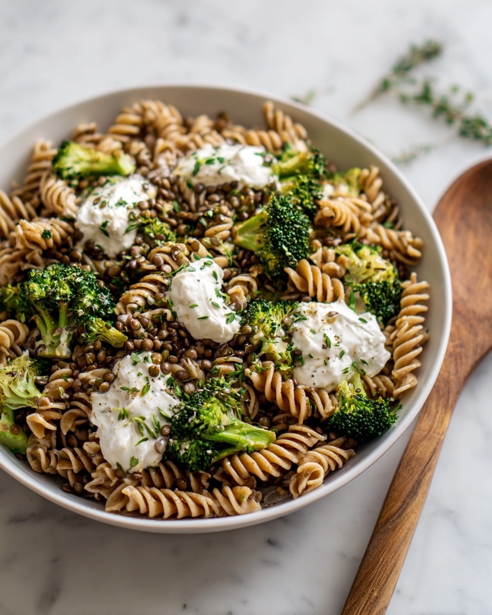 A white bowl filled with a pasta salad made of light brown spiral pasta mixed with green broccoli florets, all topped with dollops of creamy white dressing. Dark brown lentils are scattered evenly across the dish, adding texture and contrast, while finely chopped green herbs are sprinkled on top for a fresh look. The bowl rests on a white marbled surface and is accompanied by a wooden spoon with a round, dark brown head and a light brown handle. Photo taken with an iphone --ar 4:5 --v 7