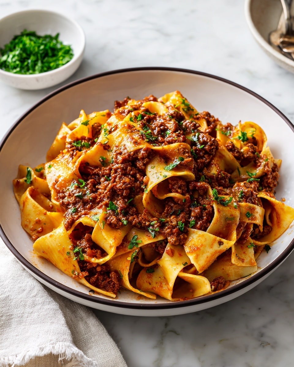 A bowl filled with wide, flat pasta noodles layered with a thick, chunky red-brown meat sauce spread evenly throughout. The pasta is soft and twisted, mixing with bits of green herbs scattered on top, adding a fresh touch. The bowl is white with a dark rim, sitting on a white marbled surface with a light cloth nearby and a glimpse of another white bowl containing finely chopped green herbs in the background. Photo taken with an iphone --ar 4:5 --v 7