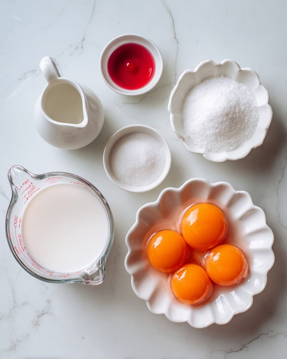 The image shows six containers with baking ingredients placed on a white marbled surface. At the bottom left, there is a clear glass measuring cup filled with a white foamy liquid. Above it, slightly to the left, is a small white ceramic pitcher holding a white liquid. To the right of the pitcher, there is a white scalloped bowl filled with five bright orange egg yolks sitting in clear egg whites. Above this bowl is another white scalloped bowl filled with white granulated sugar. Near the top center, there are two small white bowls; one contains a red liquid, and the other is empty or has a translucent liquid or powder. The arrangement is neat and evenly spaced. photo taken with an iphone --ar 4:5 --v 7