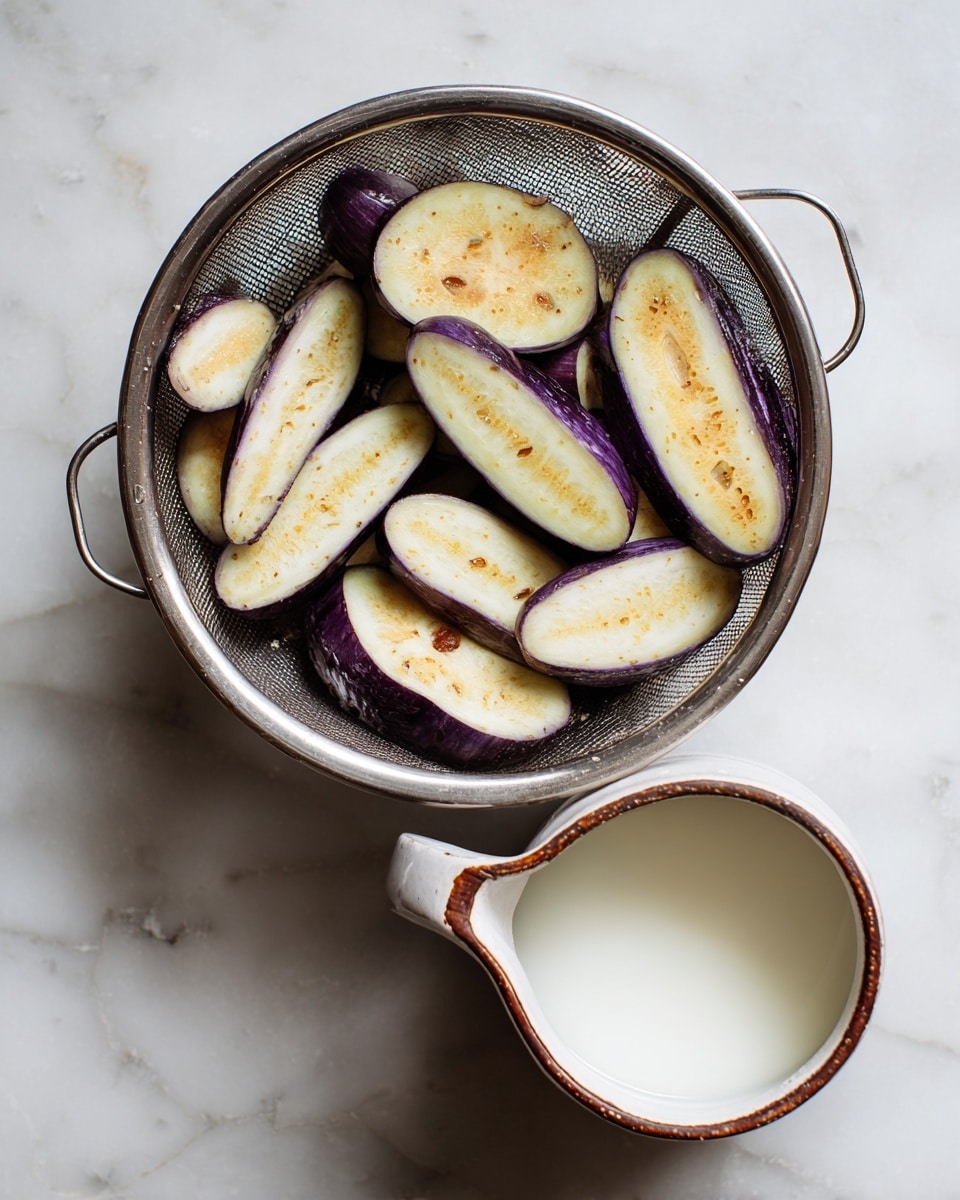 A metal round strainer holds about ten pieces of long, sliced eggplants that show a mix of dark purple skin and pale yellow inside with some brown spots, arranged loosely inside it. Below the strainer, there is a white ceramic jug with a brown rim, filled with white liquid. Both items are placed on a white marbled surface. Photo taken with an iphone --ar 4:5 --v 7