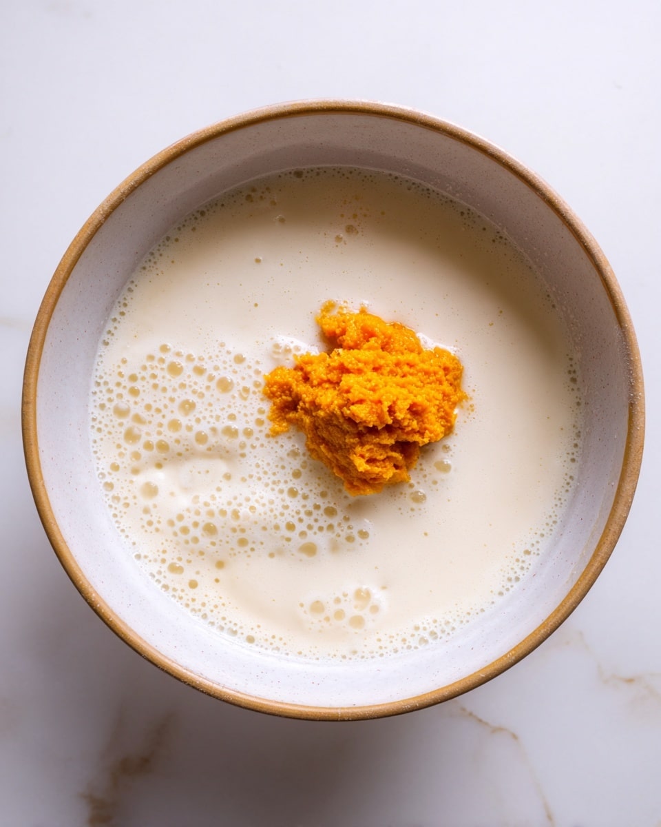 A close-up view of a white bowl with a light brown rim, sitting on a white marbled surface. Inside the bowl, there is a creamy white liquid filling most of the space, with small bubbles on the surface. In the center of the bowl, there is a dollop of bright orange mashed or pureed substance with a slightly rough texture, sitting on top of the liquid. The scene is simple and clean, showing just these two main components in the bowl. photo taken with an iphone --ar 4:5 --v 7