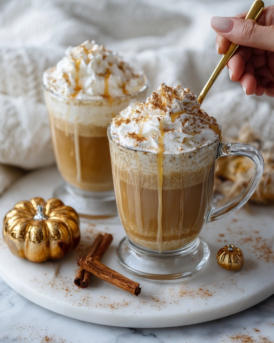 The image shows two clear glass mugs filled with a creamy light brown drink topped with a generous layer of white whipped cream, drizzled lightly with a golden sauce, and sprinkled with a fine dusting of brown cinnamon powder. A woman's hand holding a small gold spoon is stirring the whipped cream on one mug. The mugs are placed on a large white plate with a white marbled surface underneath. Around the mugs, there are small golden decorative pumpkins and a cinnamon stick, with a piece of white cloth in the background. photo taken with an iphone --ar 4:5 --v 7