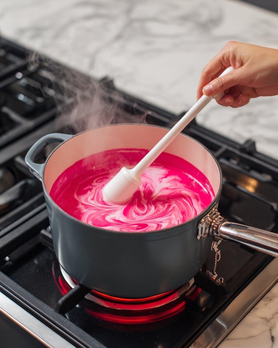 A gray pot full of bright pink liquid with foam on top is placed on a red-hot electric stove. Inside the pot, a woman's hand is holding a white stick blender that is mixing the liquid, creating swirling patterns in the foam. Also, a thermometer with a metal clip is attached to the side of the pot, its probe dipped in the liquid. The background shows a shiny black stovetop and silver oven front, with steam rising above the pot. The surface under the pot is changed to a white marbled texture. photo taken with an iphone --ar 4:5 --v 7