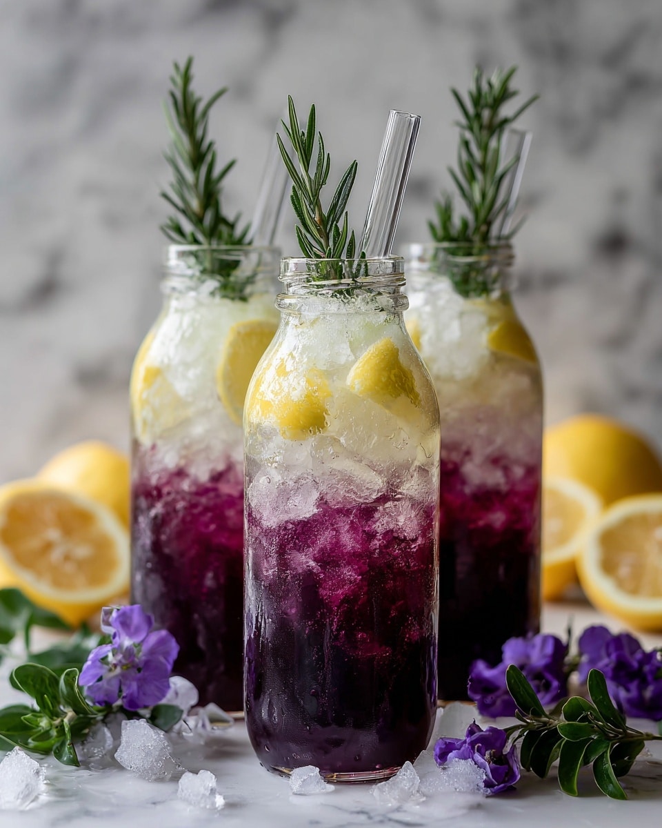 Three clear glass bottles filled with a three-layered drink are shown. At the bottom, there is a deep purple liquid filled with crushed ice. The middle layer is clear with more crushed ice, and thin lemon slices are placed throughout the drink. At the top, each bottle has a fresh green rosemary sprig and a clear glass straw angled outwards. The bottles are arranged in a row on a white marbled surface, with purple flowers and green leaves scattered around, and blurred lemon halves in the white background. Photo taken with an iphone --ar 4:5 --v 7