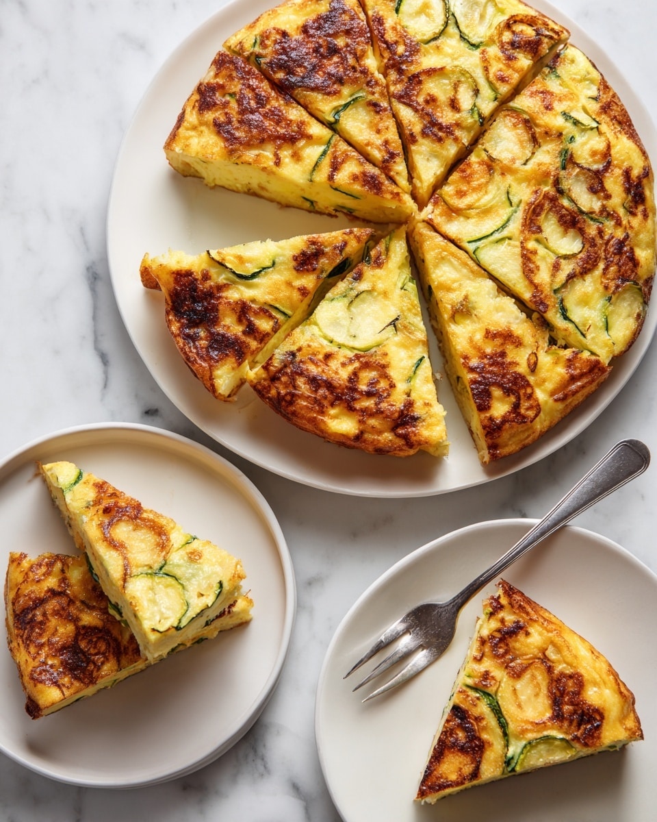 The image shows a round omelette sliced into six triangular pieces on a white plate with a white marbled background. The omelette has a golden brown top layer with visible browned spots and slices of green zucchini mixed throughout the yellow egg base. Two slices are served on two smaller white plates in the front, one of which has a silver fork holding a piece of the omelette with a browned and slightly crispy texture. The overall texture of the omelette appears fluffy and moist inside with slight crispiness on top. photo taken with an iphone --ar 4:5 --v 7