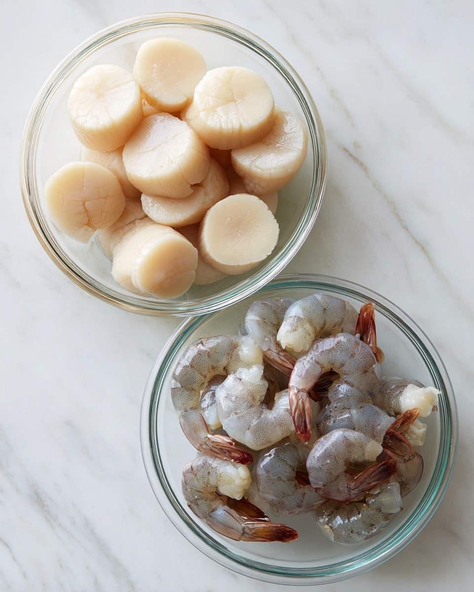 Two clear glass bowls sit on a white marbled surface, one placed above the other. The top bowl holds about a dozen round, beige scallops with creamy white centers, smooth and slightly shiny. The bottom bowl contains a pile of raw shrimp, grayish with translucent shells and reddish-brown tails, some curled and some slightly straight. Both bowls are simple and transparent, showing the textures and colors of the seafood inside clearly. photo taken with an iphone --ar 4:5 --v 7