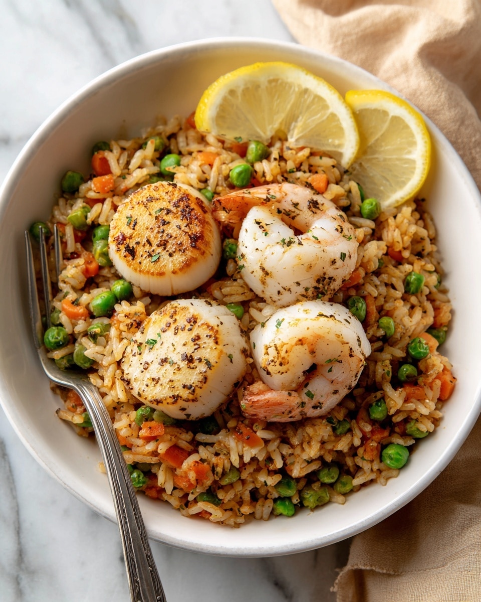 A white bowl filled with a dish showing about three large scallops and three shrimp on top, all seasoned with black pepper. The dish has a base of cooked rice mixed with small green peas and thin orange carrot slices, giving a rich orange-brown color to the rice layer. Two lemon wedges rest on the back edge of the bowl. A silver fork is on the left side of the bowl, partly resting inside it. The bowl sits on a white marbled surface with a soft beige cloth in the background. photo taken with an iphone --ar 4:5 --v 7