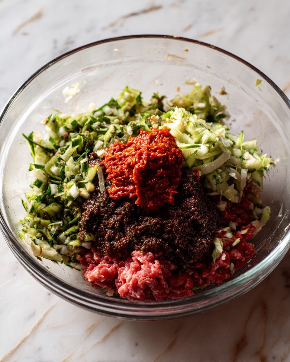 The image shows a clear glass bowl containing a mix of ingredients layered in a loose pile. The bottom layer is raw ground meat in deep red color. On top of the meat, there is a layer of finely chopped green vegetables mixed with some white bits, likely onion or garlic. Over this, there is a dark brown, almost black, paste or sauce spread unevenly. A small heap of bright red paste or sauce rests on top, creating a bold contrast. The bowl is placed on a surface with a white marbled texture. The photo taken with an iphone --ar 4:5 --v 7