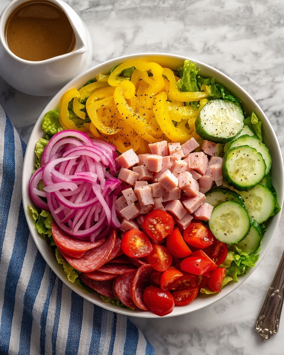 A white bowl with a salad layered from bottom to top showing fresh green lettuce as the base. On top, there are six distinct sections: bright pink pickled onions with a shiny texture on the left, next to yellow banana pepper rings, then light pink diced ham cubes seasoned with black pepper, bright red cherry tomatoes, sliced green cucumbers with a moist surface, and thin slices of salami near the bottom left. There is also a white container with brown dressing on the side, placed on a white marbled surface with a blue and white striped cloth nearby. Photo taken with an iphone --ar 4:5 --v 7