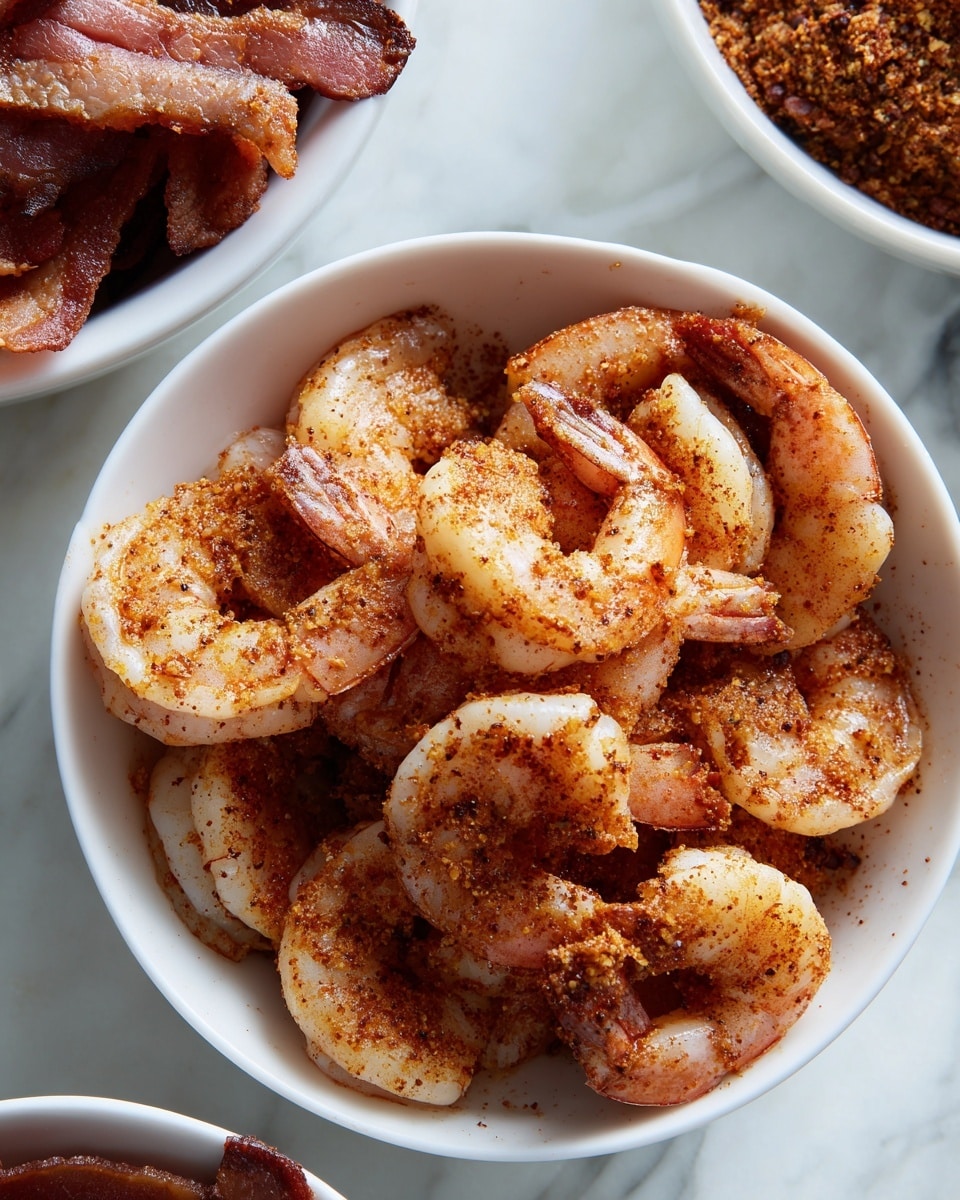 A close-up image shows a white bowl filled with raw shrimp that are coated in a reddish-brown spice mix, giving them a slightly rough texture. The shrimp appear peeled and deveined, layered loosely inside the bowl with some overlapping. In the top left corner, there is a white bowl partially visible, filled with crisp, cooked bacon strips that have a rich brown color and a crunchy texture. The surface beneath the bowls has a white marbled texture. Photo taken with an iphone --ar 4:5 --v 7
