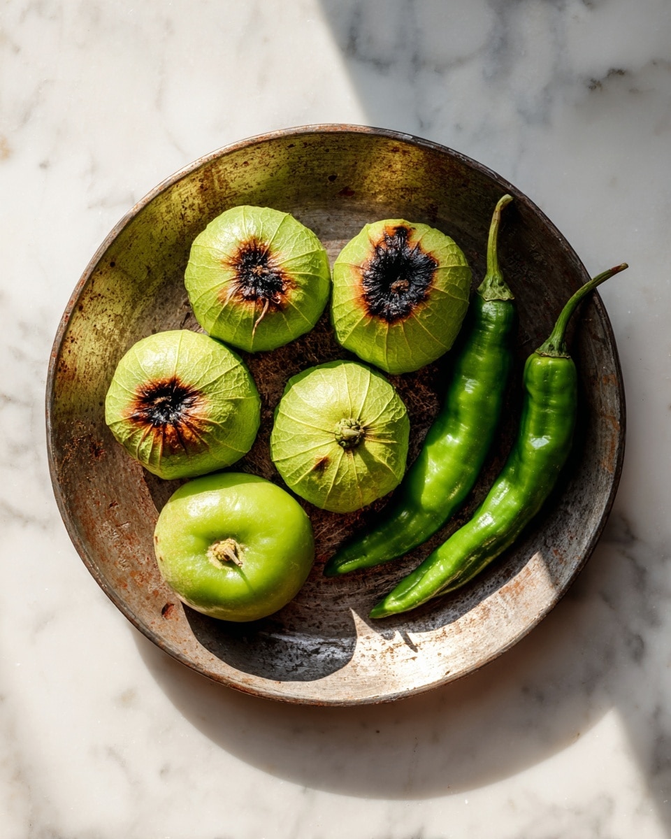 The image shows a metal pan with a worn, rustic look and patches of discoloration inside. Inside the pan, there are seven bright green tomatillos with dark brown char marks on their tops, arranged in a loose cluster on the left side and the center. Alongside the tomatillos, two green chili peppers with similar char marks lie on the right side of the pan, curved slightly and positioned close together. The pan rests on a white marbled surface, with sunlight casting soft shadows, highlighting the textures of the charred vegetables and the pan’s aged metal surface. photo taken with an iphone --ar 4:5 --v 7