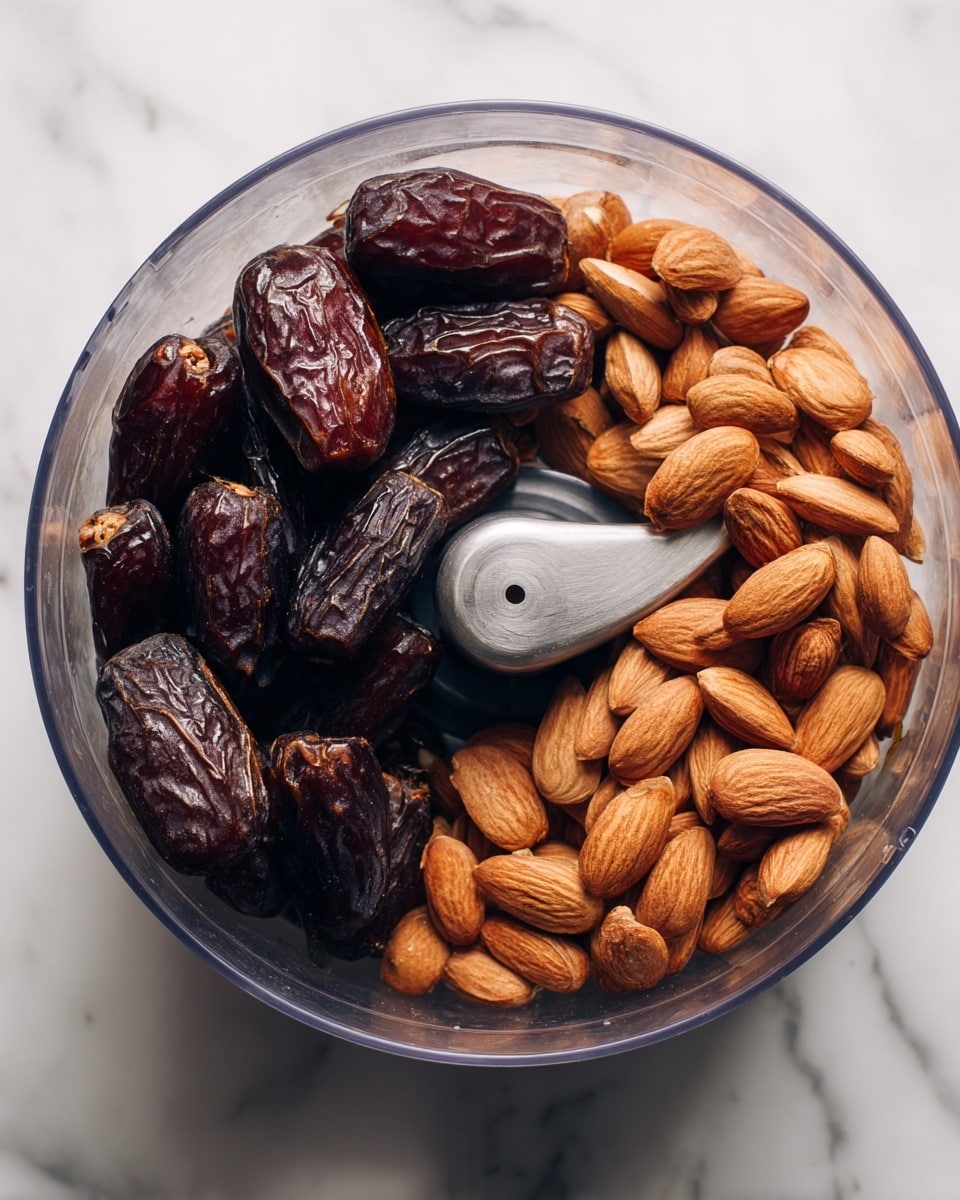 A clear food processor bowl sits on a white marbled surface, filled with two main layers: a cluster of dark brown, wrinkled dates on one side, and a scattered group of smooth, light brown almonds on the other side, both resting around the sharp, curved silver blade in the center. Photo taken with an iphone --ar 4:5 --v 7