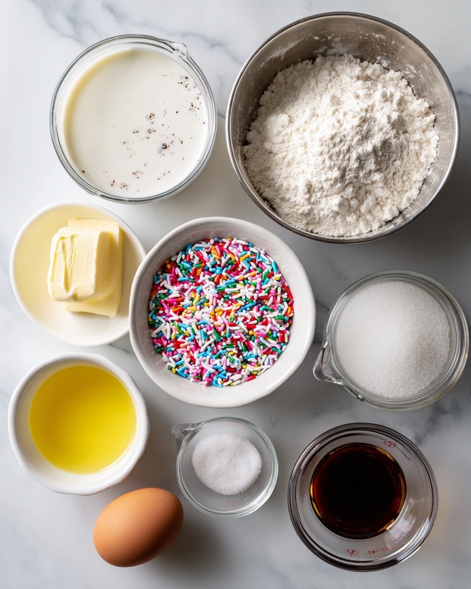 Several small white bowls and glass measuring cups hold different ingredients on a white marbled surface. In the top middle is a stainless steel bowl filled with white flour, with a few specks on the edge. Below it is a white bowl filled with colorful sprinkles in red, yellow, green, blue, white, and pink. To the right of the bowl with sprinkles is a small white bowl filled with white granulated sugar. Below that is a white bowl filled with dark brown liquid, likely vanilla or syrup. In the bottom left corner is a small white bowl filled with melted yellow butter. Above that is a glass measuring cup with white milk, and to the right of the milk is a glass measuring cup with a clear liquid, probably oil. An egg with a smooth brown shell is placed near the center bottom. The items are neatly arranged on the white marbled surface with soft lighting. photo taken with an iphone --ar 4:5 --v 7