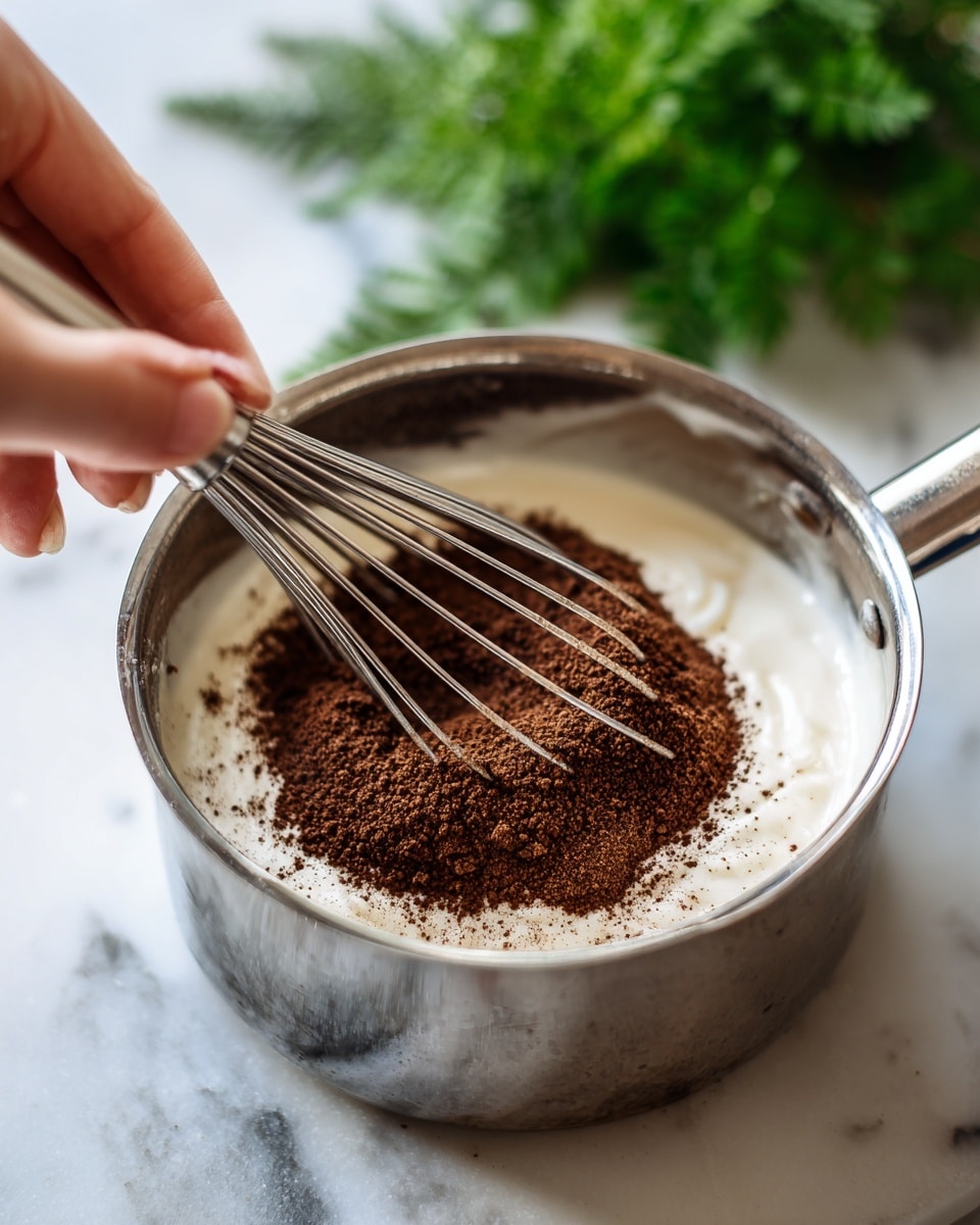 A close-up of a shiny silver pot containing two main layers: a top layer of dark brown powdery spice, partially mixed into a thick white creamy liquid below, with the mixture being stirred by a woman's hand holding a metal whisk. The pot is placed on a white marbled surface, and blurred green foliage is visible in the background. Photo taken with an iphone --ar 4:5 --v 7