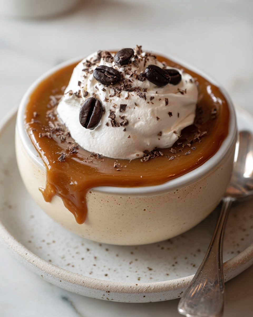 A white bowl filled with a two-layer dessert, the bottom layer is creamy light tan with a smooth texture, and the top layer is a thick, glossy caramel sauce in rich medium brown. On top, there is a large dollop of white whipped cream, sprinkled with small dark chocolate shavings and three dark brown coffee beans. The bowl sits on a speckled white plate on a white marbled surface, with a spoon partially visible in the bottom right corner. The photo focuses on the bowl with a small section missing to show the creamy layer inside. Photo taken with an iphone --ar 4:5 --v 7