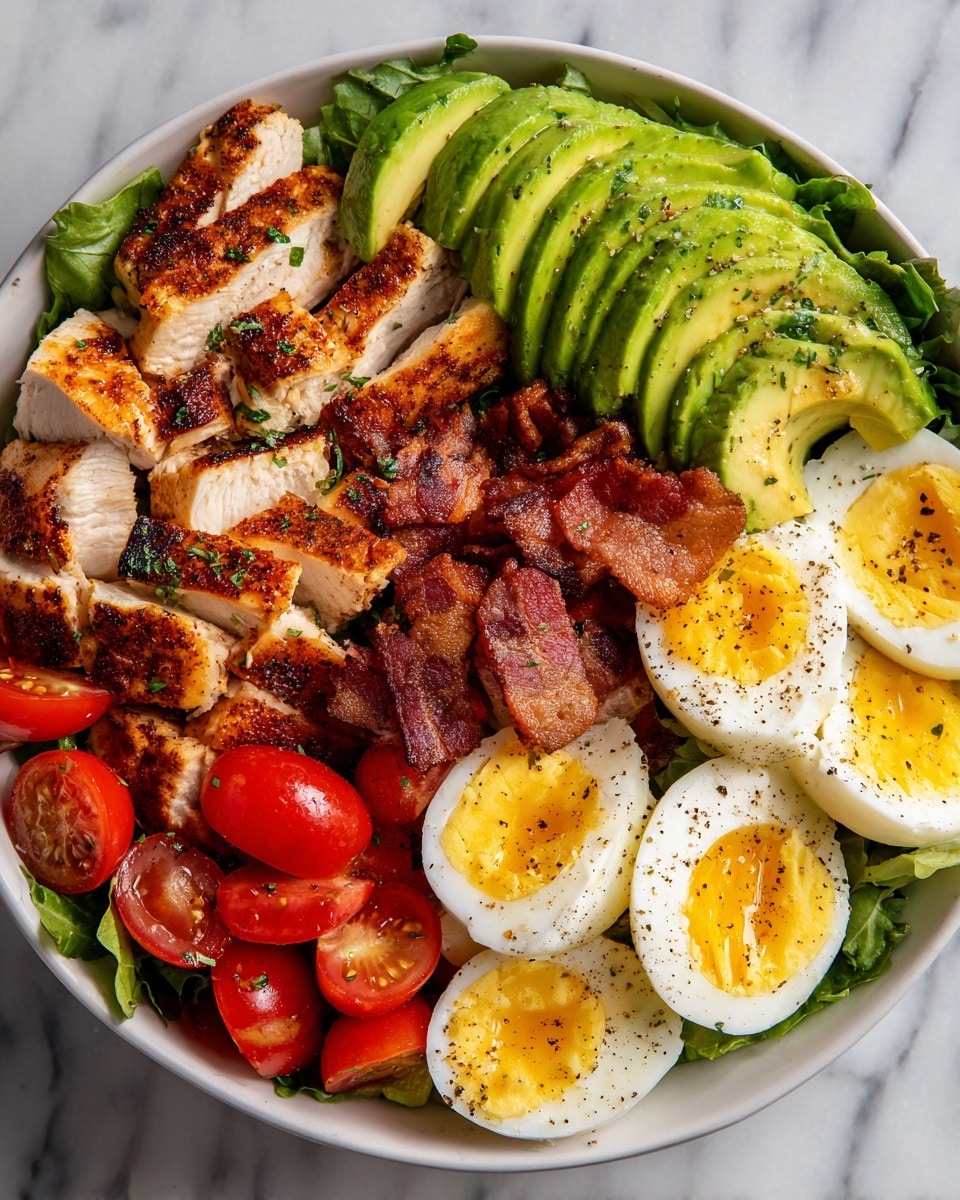 This image shows a white bowl with five main layers arranged side by side. Starting from the top right, there are thick slices of green avocado with a smooth texture, next to grilled chicken pieces which are sliced and have a golden brown color with grill marks and herbs on top. Below the chicken, there are small pieces of crispy bacon with a mix of reddish-brown tones. To the bottom left, there are halved bright red cherry tomatoes, showing seeds and shine. Finally, on the bottom right, there are four hard-boiled egg halves with bright yellow yolks and white edges, lightly sprinkled with black pepper. All the layers sit on a base of fresh dark green romaine lettuce, and the background is white marbled. Photo taken with an iphone --ar 4:5 --v 7