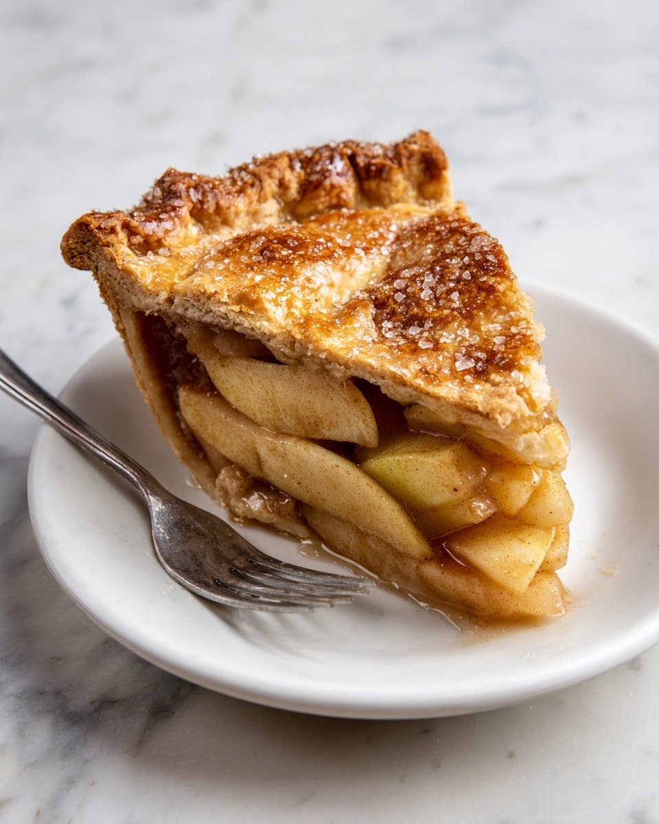 A single slice of apple pie rests on a white plate with a silver fork beside it. The pie has two main layers: the bottom layer consists of soft, glossy apple slices in golden yellow and light brown shades, some with a slightly caramelized edge, showing a gentle shine from the syrup. The top layer is a thick, golden-brown crust sprinkled with coarse sugar crystals, giving it a crunchy texture and a slightly rough surface. The crust’s edge is uneven and rustic, partially folding over the apple filling. The background is a white marbled texture. Photo taken with an iphone --ar 4:5 --v 7