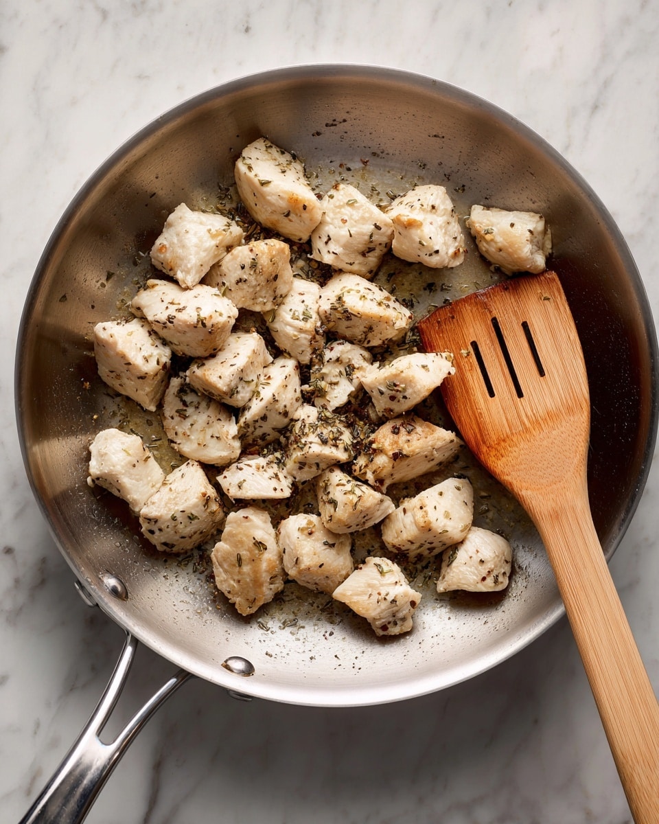 A shiny metal frying pan contains several chunks of white chicken pieces seasoned with black pepper and herbs, spread mostly on the left side of the pan. On the right side, a light brown wooden spatula with a hole near its center rests inside the pan. The pan is on a white marbled surface. The chicken pieces have a slightly browned look on some edges from cooking. photo taken with an iphone --ar 4:5 --v 7