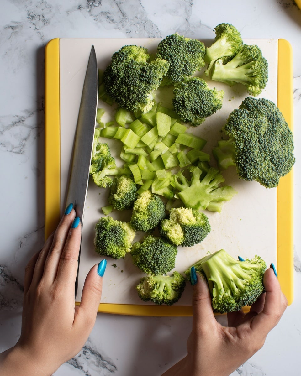 The image shows a woman's hand with blue nail polish holding a large knife above a white cutting board with yellow edges. On the board, there are many pieces of green broccoli arranged in layers: some small broccoli florets on the top left, larger broccoli heads on the right side, and sliced broccoli stems scattered at the bottom left. The woman’s other hand is holding a large broccoli stem steady on the right side. The background features a white marbled surface under the cutting board. photo taken with an iphone --ar 4:5 --v 7