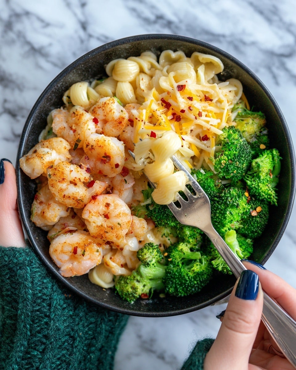 A black bowl filled with three layers of food: the bottom layer is a bed of light yellow pasta, the middle layer includes bright green broccoli pieces, and the top layer has pink shrimp mixed with melted white cheese and red pepper flakes scattered around. A woman's hand with blue nail polish and a green and blue sweater sleeve is holding a silver fork lifting a mix of shrimp, broccoli, and pasta above the bowl. The background and surface have a white marbled texture. photo taken with an iphone --ar 4:5 --v 7