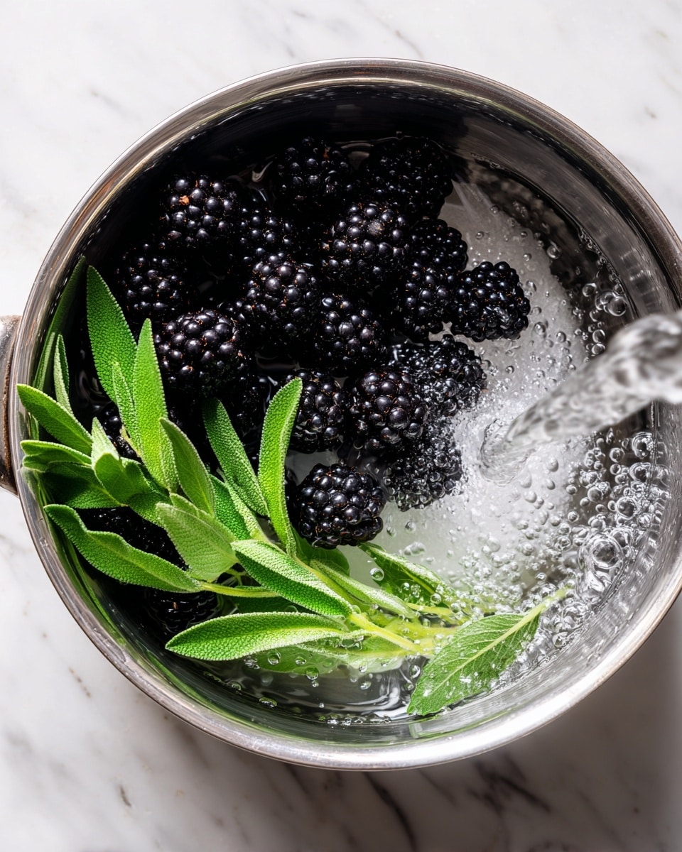 Inside a shiny silver pot, there are several blackberries clustered mostly on the left side. White granulated sugar covers part of the base of the pot, forming a smooth layer beneath the blackberries. On the right side, a small bunch of sage leaves with soft, green textured surfaces rests on top of the sugar. Clear water is pouring from the right side, creating bubbles and splashes as it meets the sugar and blackberries. The entire scene is set against a white marbled surface. photo taken with an iphone --ar 4:5 --v 7