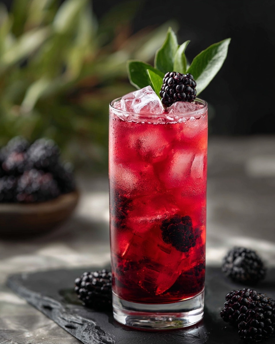 A tall clear glass filled with bright red berry drink, inside the drink are several large white ice cubes and whole blackberries scattered throughout. On top of the drink sits a fresh green leafy garnish with a single blackberry resting against the leaves. The glass is shown on a dark surface with a white marbled texture in the background, slightly blurred with a container of blackberries and some green plants visible. Photo taken with an iphone --ar 4:5 --v 7