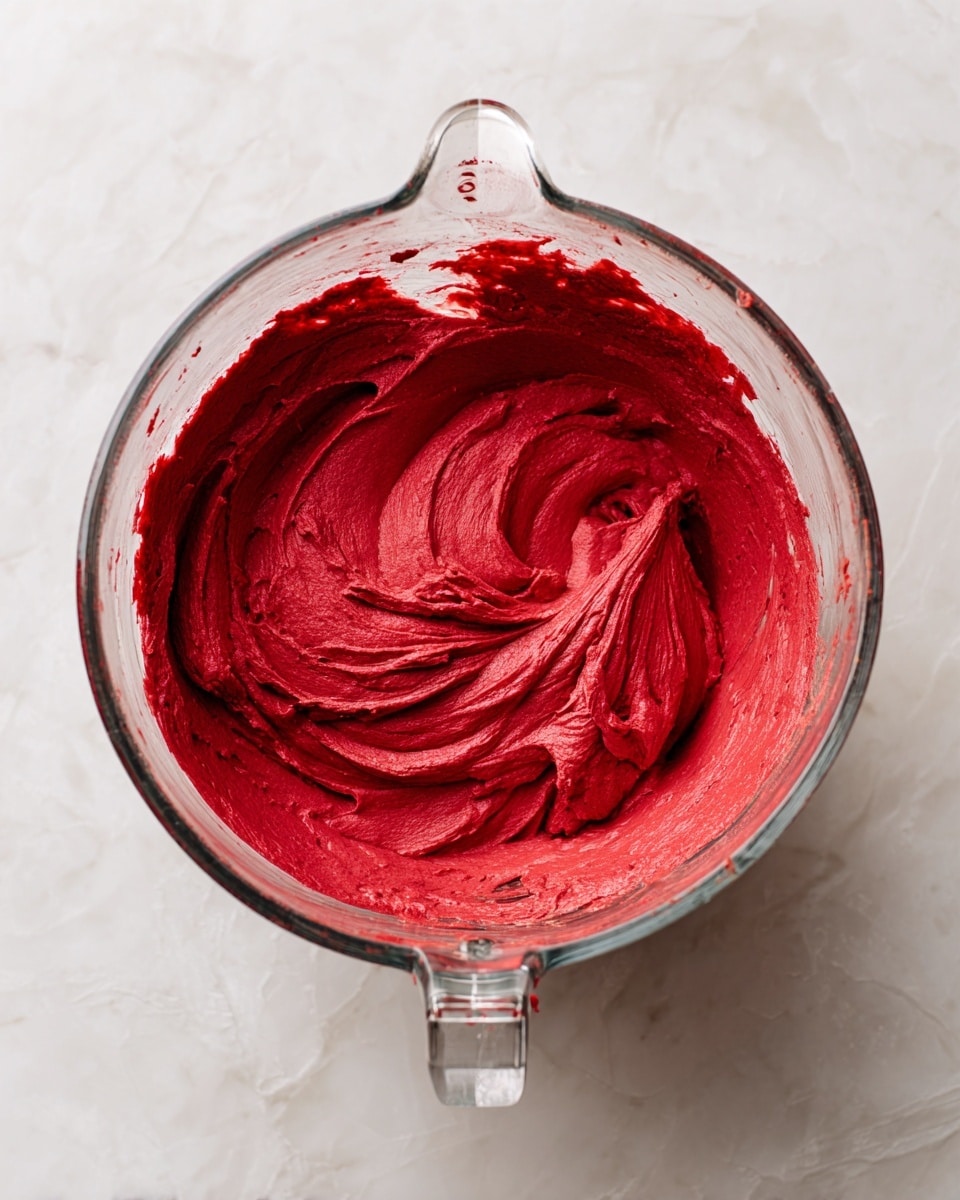 The image shows a single thick layer of bright red smooth batter inside a clear glass mixing bowl with a handle and spout. The batter has a creamy texture with swirls where it has been mixed and is spread evenly around the bowl’s inside. The bowl is placed on a white marbled surface that gives a clean look. The batter fills about a third of the bowl, with some streaks on the sides showing the batter has been scraped. Photo taken with an iphone --ar 4:5 --v 7