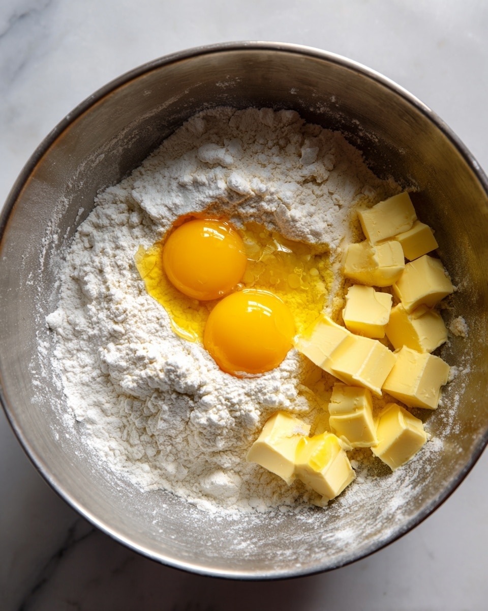 A silver mixing bowl sits on a white marbled surface, holding several ingredients. Inside, there is a layer of white flour with a rough texture. On top of the flour are two bright yellow egg yolks with clear egg whites around them on the right side. Scattered around the yolks are cubes of light yellow butter, soft and creamy in texture. The edges of the bowl show some flour dust sticking to them. Photo taken with an iphone --ar 4:5 --v 7