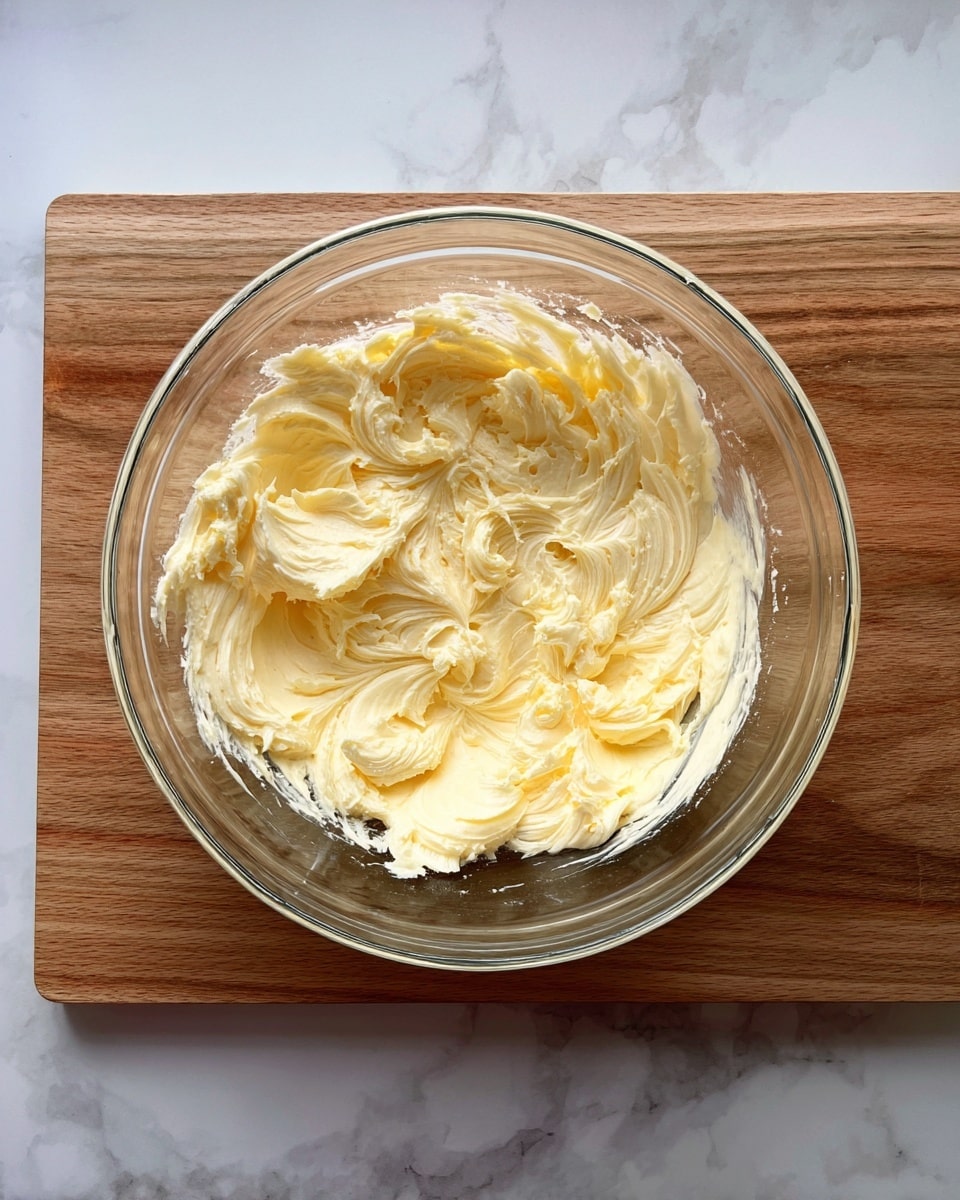 A clear glass bowl with creamy, pale yellow butter spread unevenly inside, showing soft swirls and light texture marks from mixing. The bowl rests on a wooden board over a white marbled surface. The creamy mixture fills about a quarter of the bowl’s bottom. Photo taken with an iphone --ar 4:5 --v 7