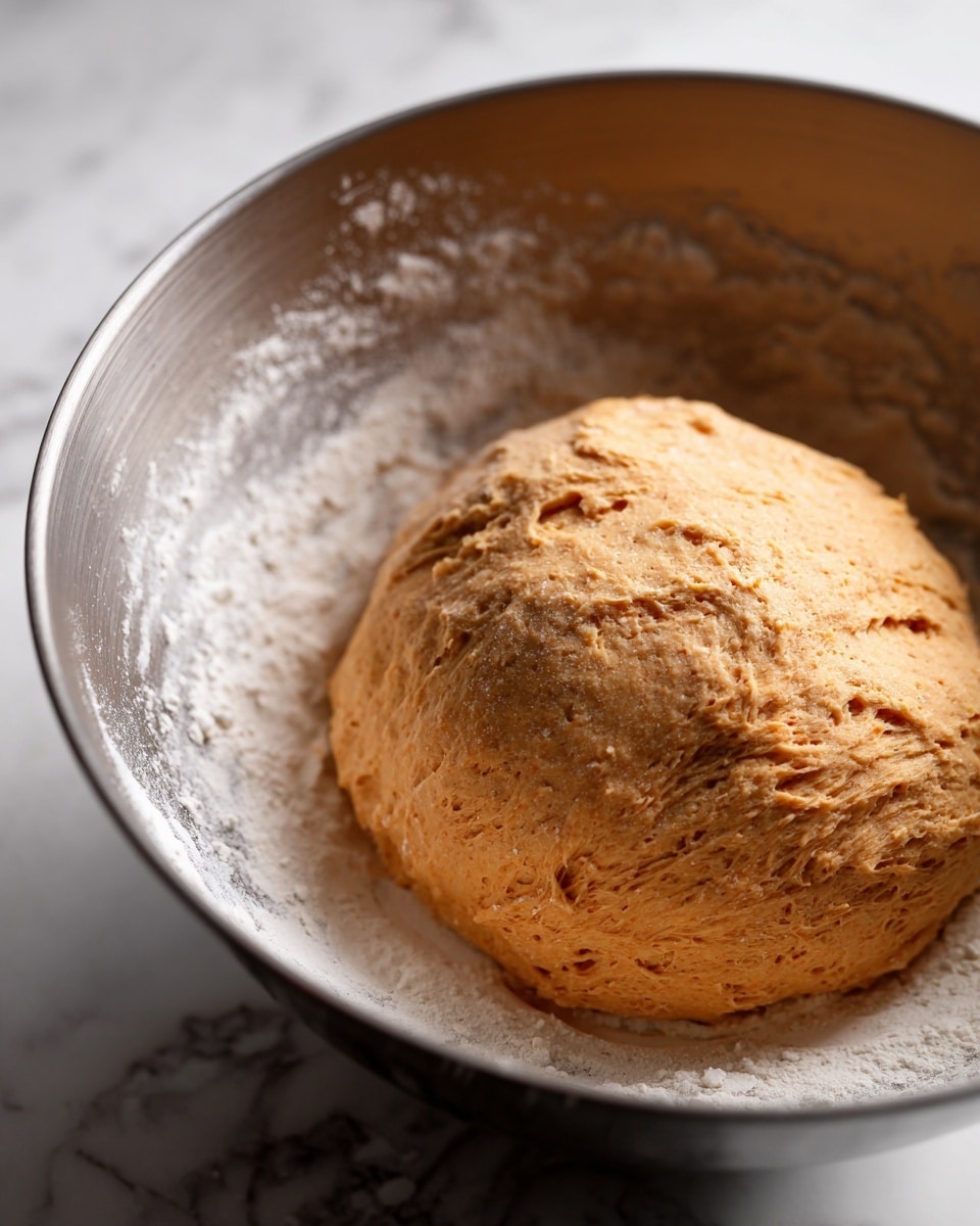A close-up image of one large, loosely mixed dough ball with a soft, slightly rough texture in light orange color sitting inside a shiny metal bowl; the bowl's inner sides show flour dust, and the background surface is a white marbled texture. photo taken with an iphone --ar 4:5 --v 7