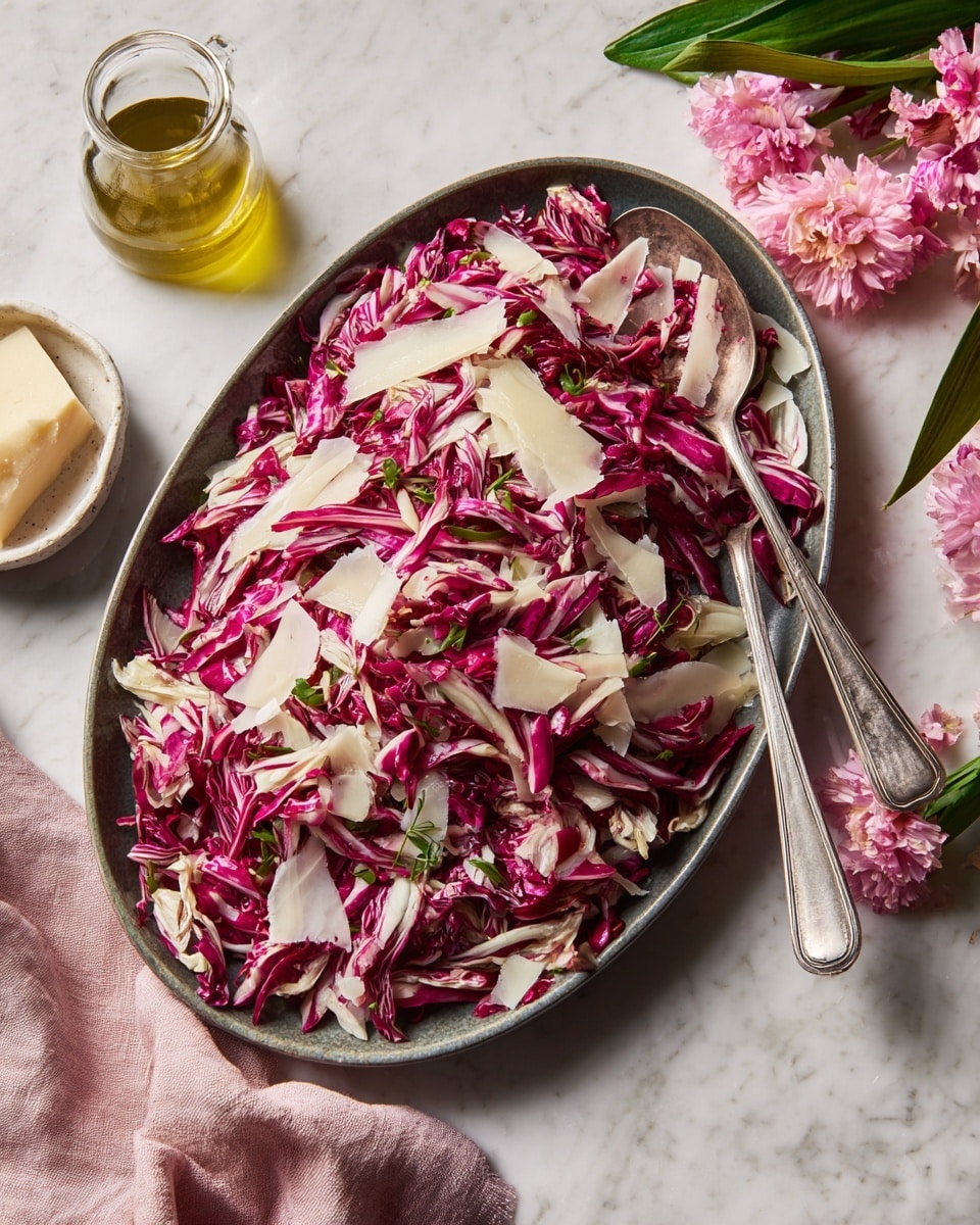 The dish shows multiple layers of thin, pink slices of cured meat with some white fat marbling, arranged closely together. Scattered on top are thin, uneven white cheese shavings that look slightly curled. Small, round green olive slices with visible seeds are dispersed across the meat layers. There is a sprinkling of finely crushed, golden-brown crumbs with tiny green flecks, adding texture and color contrast. All of this rests on a white marbled surface. photo taken with an iphone --ar 4:5 --v 7