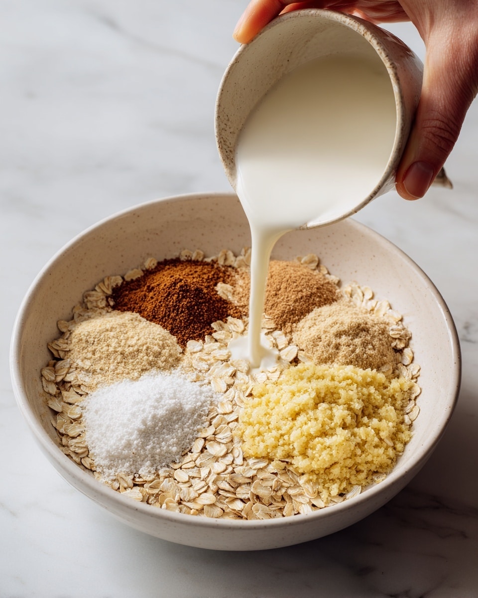 A white bowl sits on a white marbled surface filled with dry oats as the base layer. On top of the oats, there are four distinct portions arranged side by side: a light brown powder, a cinnamon-colored powder, a small heap of white granules, and a golden-yellow mashed mixture with a soft texture. A woman's hand is pouring milk into the bowl from the left side, the milk appearing bright white and flowing smoothly. Photo taken with an iphone --ar 4:5 --v 7