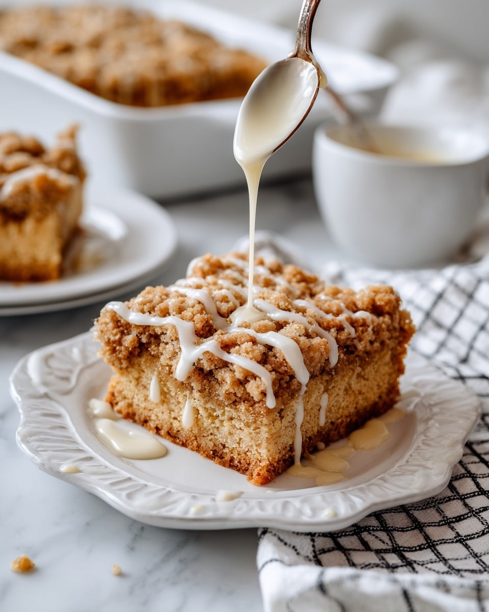 A large square crumb cake with a thick light brown base layer topped with a chunky, crumbly golden-brown streusel layer sits on a white scalloped-edge plate. A spoon held above the cake drizzles white glaze in thin streams over the crumbly top. In the background, a rectangular baking dish filled with more crumb cake and another white plate with a similar slice can be seen, all on a white marbled surface. A white bowl holding additional glaze and a white cloth with a black grid pattern lie nearby. Photo taken with an iphone --ar 4:5 --v 7