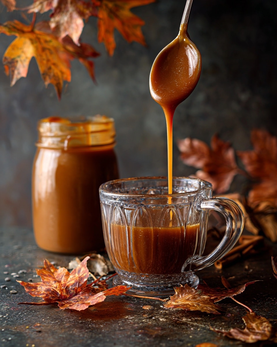 A clear glass mug sits on a dark surface with a spoon held above it, dripping thick caramel sauce into the mug. Behind the mug is a glass jar filled with the same caramel sauce. Around the mug and jar, dried brown and orange autumn leaves are scattered, adding a warm, fall-like touch. The scene has a dark, moody background that contrasts with the rich golden brown color of the caramel. photo taken with an iphone --ar 4:5 --v 7